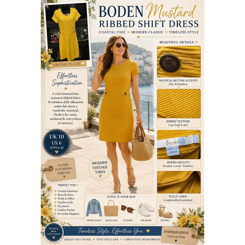 Boden Mustard Yellow Ribbed Shift Dress Short Sleeve Nautical Button Size S M
